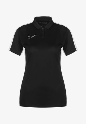Zwarte polo gemaakt van gladde stof met witte zijkanten, voorzien van een kraag en een klein wit Nike-logo op de borst.