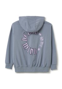 Felpa grigia con cappuccio, con testo curvo "DENIAL on my MIND" in viola e rosa chiaro. Tessuto morbido e strutturato con polsini a costine.