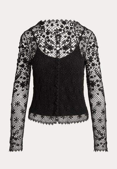 Black long-sleeve top made from lace featuring a floral pattern, scalloped edges, and button front with a fitted silhouette.