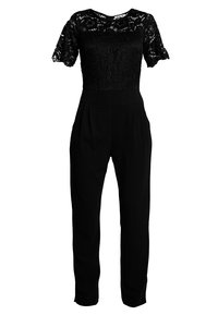 Mono negro con parte superior de encaje y mangas cortas, cintura ajustada y pantalones de pierna ancha. Textura suave con una silueta clásica.