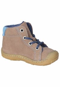 Stivaletto in pelle marrone con dettagli in azzurro chiaro, punta rotonda, chiusura con lacci e soffice rivestimento interno. Dotato di suola in gomma e dettagli di cucitura.