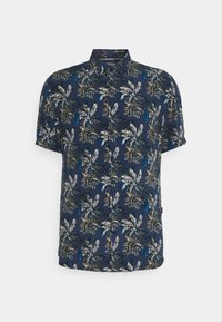 Koszula z krótkim rękawem w granatowym kolorze z tropikalnym wzorem palmowych liści w bieli, żółci i niebieskim. Posiada zaostrzony kołnierzyk i guziki z przodu.