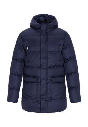 Giacca imbottita blu navy con cappuccio, dotata di tasca sul petto con zip, doppi tasche frontali e una texture trapuntata.