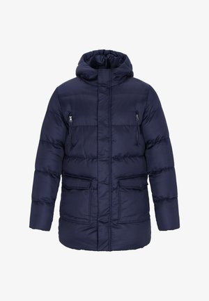 Giacca imbottita blu navy con cappuccio, dotata di tasca sul petto con zip, doppi tasche frontali e una texture trapuntata.