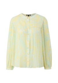 Blusa gialla chiaro con un motivo a foglie discreto, design plissettato, scollatura rotonda e chiusura con bottoni. Maniche lunghe con polsini arricciati.