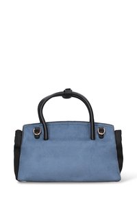 Borsa in pelle scamosciata blu con lati in tessuto nero, dotata di due manici neri e dettagli in metallo. Texture liscia con design minimalista.