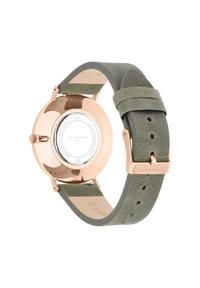 Runde Uhr mit einem Gehäuse aus Roségold, grünem Wildlederarmband und einem Hintergrund aus Edelstahl. Verfügt über ein klassisches Design und einen verstellbaren Schnallenverschluss.