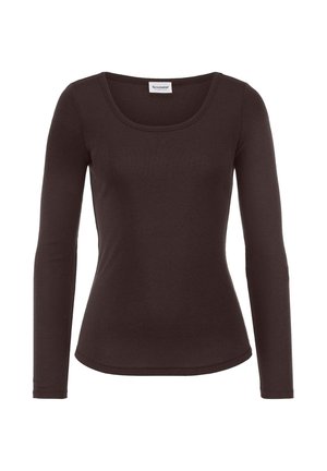 Donkerbruin, nauwsluitend shirt met lange mouwen en een ronde halslijn, ontworpen voor vrouwen, weergegeven tegen een witte achtergrond.