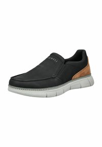 Černá nazouvací bota s texturovaným svrškem, přírodní semišový akcent, měkkou podrážkou a kontrastním šitím. Disponuje minimalistickým designem bez šněrování.