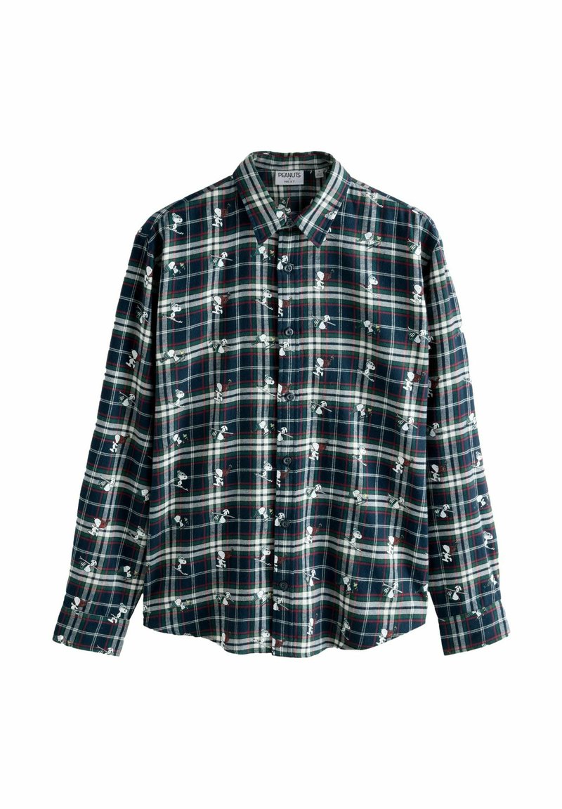Košela s dlhým rukávom, zapínaná na gombíky, s modro-bielo-červeným károvaným vzorom, ktorý obsahuje malé ilustrácie Snoopyho.