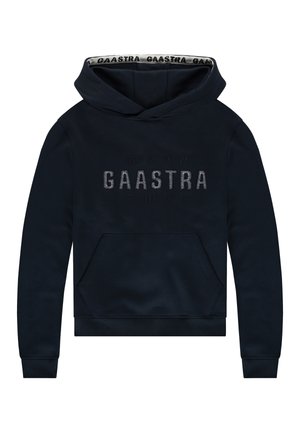 Granatowa bluza z kapturem z przednią kieszenią, logo GAastra nadrukowane na piersi oraz brandowane podszewka wewnątrz kaptura.
