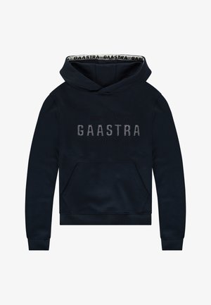 Granatowa bluza z kapturem z przednią kieszenią, logo GAastra nadrukowane na piersi oraz brandowane podszewka wewnątrz kaptura.