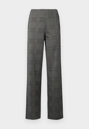 Plaid tailored trousers with a gray base, featuring black and white checks, a high waist, and a straight-leg cut. Smooth texture.