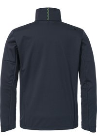 Dark navy jacket with a high collar, made from smooth fabric. Features green accent stitching and minimal hardware details.