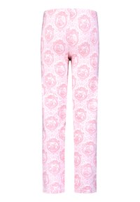 Rosa gemusterte Leggings mit einem floralen Design in ovalen Rahmen, aus einem glatten, elastischen Material gefertigt und mit einer figurbetonten Silhouette.