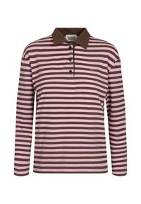Koszulka polo z długim rękawem w brązowo-różowy paski, z brązowym kołnierzykiem i trzema guzikami. Małe logo na klatce piersiowej.