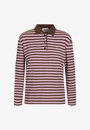 Koszulka polo z długim rękawem w brązowo-różowy paski, z brązowym kołnierzykiem i trzema guzikami. Małe logo na klatce piersiowej.