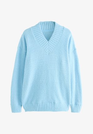 Hellblauer, flauschiger Pullover mit V-Ausschnitt und geripptem Besatz am Kragen und Saum. Verfügt über überschnittene Schultern und eine weiche Textur.