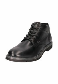 Bottine en cuir noir avec bout rond, finition texturée, lacets gris et semelle en caoutchouc contrastante. Présente un discret logo sur le côté.