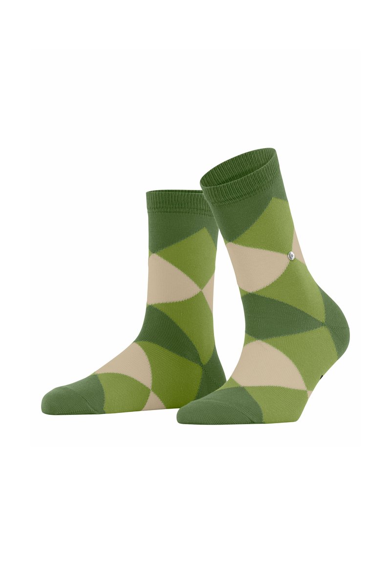 Chaussettes vertes et beiges à motifs avec un design géométrique, des poignets côtelés et un petit accent en matériel décoratif. En mélange de coton.