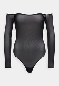 Svart gjennomsiktig bodysuit med lange ermer og av-shoulder design. Har en jevn tekstur og høyutsnittet bunn, avsluttet med en tynn svart kant.