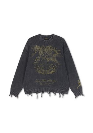 Dark gray knit sweater with distressed hems, long sleeves, and a faded yellow graphic and text on the front and sleeve.