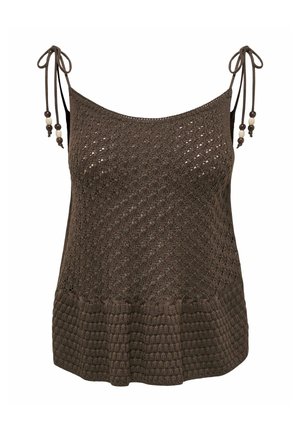 Haut marron tricoté sans manches avec bretelles réglables nouées, comportant des accents de perles en bois et un motif texturé à l'ourlet.