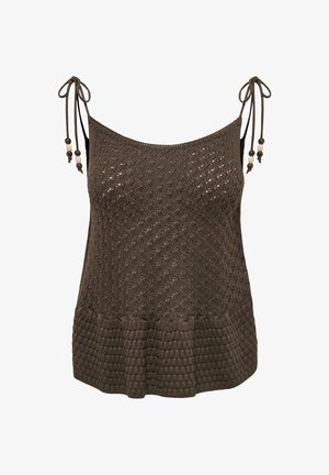 Haut marron tricoté sans manches avec bretelles réglables nouées, comportant des accents de perles en bois et un motif texturé à l'ourlet.
