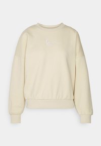 Beige pulóver, kerek nyakkivágással, leeső vállakkal és elasztikus derékrésszel. Fehér hímzett felirattal rendelkezik a mellrészen. Puha textúrájú anyag.