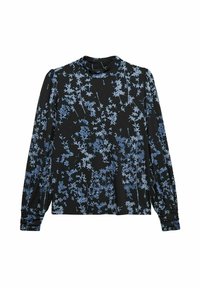 Långärmad blus i svart tyg med blå blommönster. Har hög krage och sammetslena ärmar med mjuk textur.