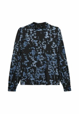 Zwarte blouse met lange mouwen van stof met een blauw bloemenprint. Voorzien van een hoge hals en gather-mouwen met een zachte textuur.