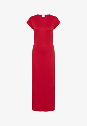 Piros maxi ruha kerek nyakkal és rövid ujjakkal. Puha anyagból készült, testhez simuló felső része van, és a bokaig ér. Egyszerű dizájn.