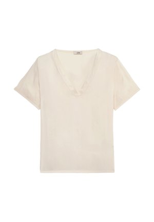 Blusa a maniche corte, con scollatura a V, di colore bianco sporco. Realizzata in tessuto morbido e liscio con una vestibilità rilassata. Design semplice e minimalista, senza motivi né dettagli.