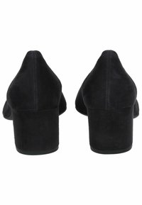 Black suede high-heeled shoes with a rounded toe and a wide block heel, featuring a smooth texture and a seamless design at the back.