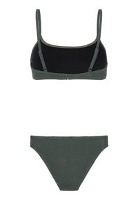 Set di bikini verde con top testurizzato a coste dotato di spalline regolabili e foderato in nero solido, abbinato a un fondo a vita alta coordinato.