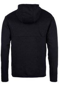 Černá fleecová bunda s dlouhým rukávem a kapucí, zobrazená zezadu, s horizontálním švem přes horní část zad.