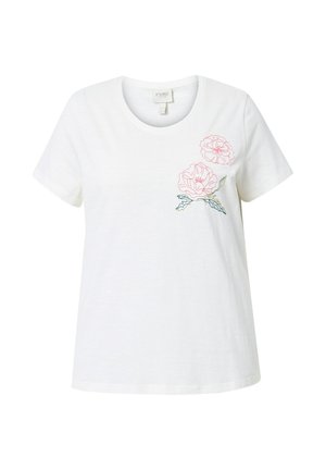 Witte katoenen t-shirt met een ronde halslijn. Voorzien van roze en groene bloemenborduurwerk aan de linkerkant. Casual, ontspannen pasvorm.
