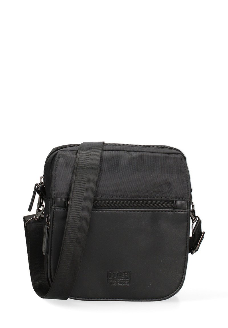 Borsa a tracolla nera in nylon morbido, con una tasca frontale con zip, tracolla regolabile e dettaglio del logo impresso nella parte anteriore inferiore.