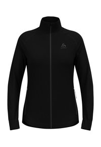 Zwarte ritssportjack met hoge kraag, lange mouwen en ritszakken aan de zijkant; heeft contrasterende stiksels en een logo op de borst.