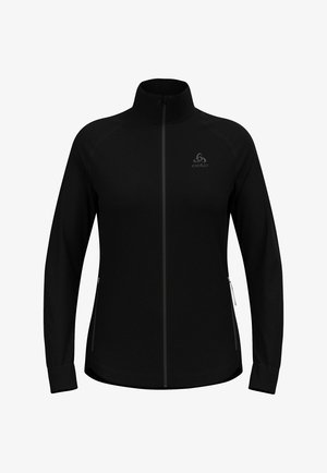 Zwarte ritssportjack met hoge kraag, lange mouwen en ritszakken aan de zijkant; heeft contrasterende stiksels en een logo op de borst.