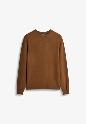 Bruine sweater met ronde hals, gemaakt van een zachte, gestructureerde brei. Kenmerkt zich door ribgebreide manchetten en zoom, met een eenvoudig, minimalistisch ontwerp.