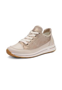 Sneakers beige con tomaia in pelle liscia e camoscio strutturato, chiusura frontale con lacci, suola imbottita e suola esterna in gomma marrone.