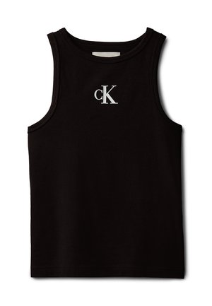 Zwarte mouwloze tanktop met ronde halslijn en wit "cK"-logo in het midden van de borst.