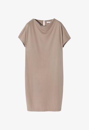 Krátký rukáv, šaty po kolena v jemně béžové tkanině. Mají výstřih s volánem a malý klíčový otvor na zádech. Hladká textura.
