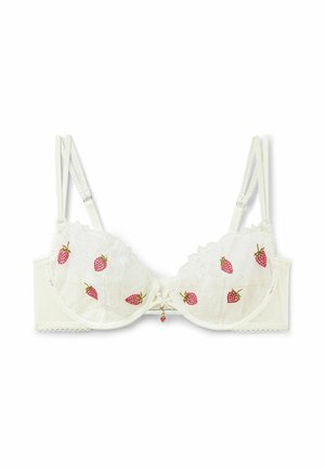 Weißer Spitzen-BH mit doppelten Trägern, verziert mit kleinen gestickten Erdbeeren und einem Erdbeeranhänger in der vorderen Mitte.