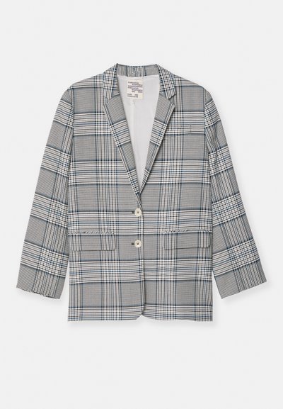 Pelēka un baltā šaha stila žakete ar izgriezumu, divām priekšējām kabatām un divām pogām. Izgatavota no gludas auduma ar strukturētu piegriezumu.