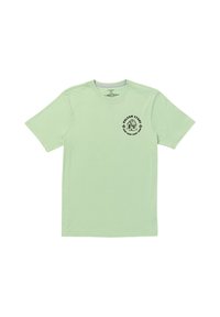 Camiseta de algodón verde claro con mangas cortas, cuello redondo y logo gráfico negro en el lado izquierdo del pecho. Textura suave, corte casual.