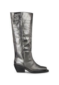 Srebrne metaliczne kozaki do kolan z kwadratowym noskiem, na blokowym obcasie i gładkiej, lustrzanej fakturze; cechuje je minimalna ilość akcesoriów i elegancki design.