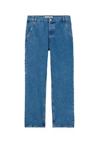 Blå raka denimjeans med framfickor, bälteshällor, knappstängning och en Trussardi-logotyp på midjebandet.