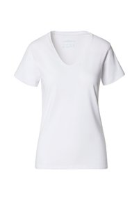 Biały t-shirt z krótkim rękawem i głębokim dekoltem w serek, wykonany z gładkiej, elastycznej bawełnianej mieszanki. Charakteryzuje się prostym wzornictwem bez wzorów i ozdób.